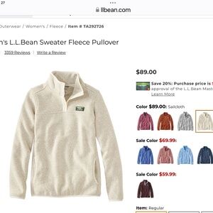 LL Bean pullover Large NWOT Sailcloth color